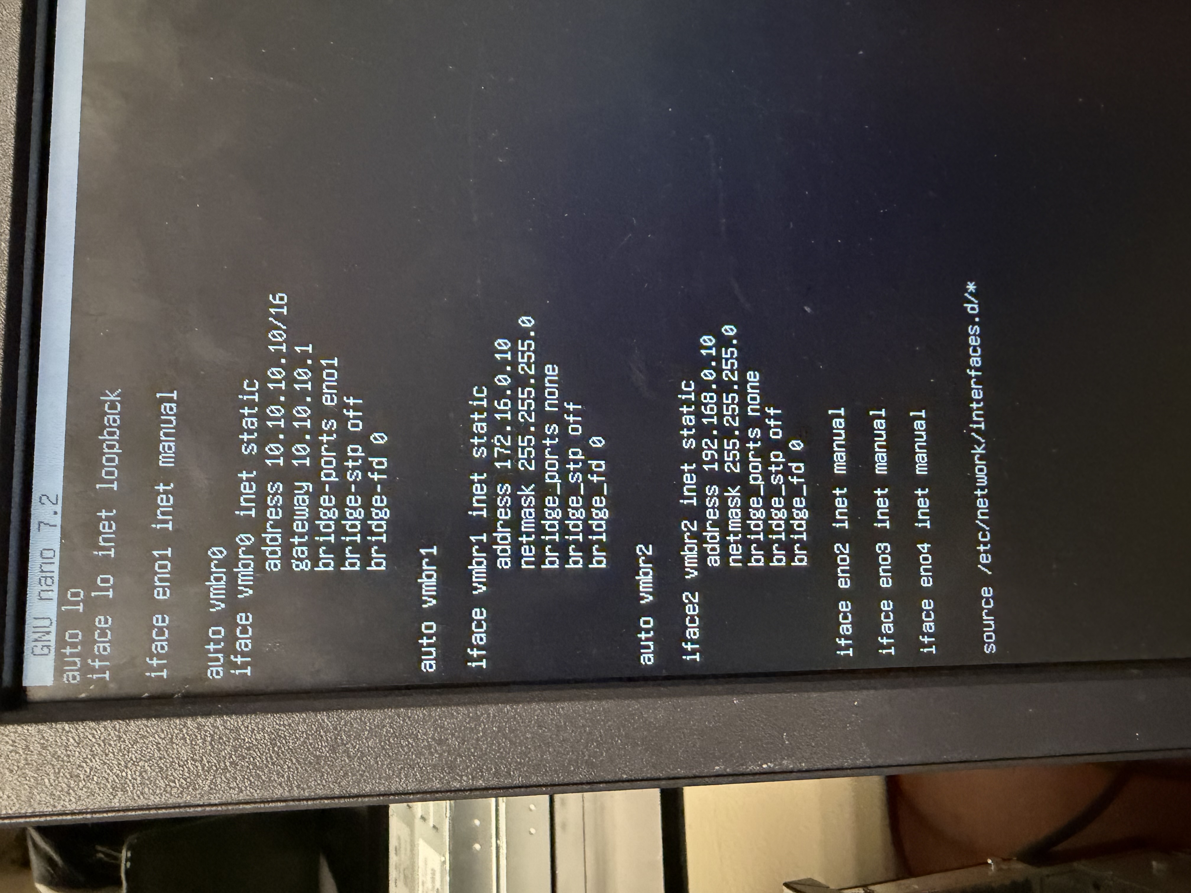 /etc/network/interfaces after adding vmbr1 and vmbr2 bridges plus NAT rules