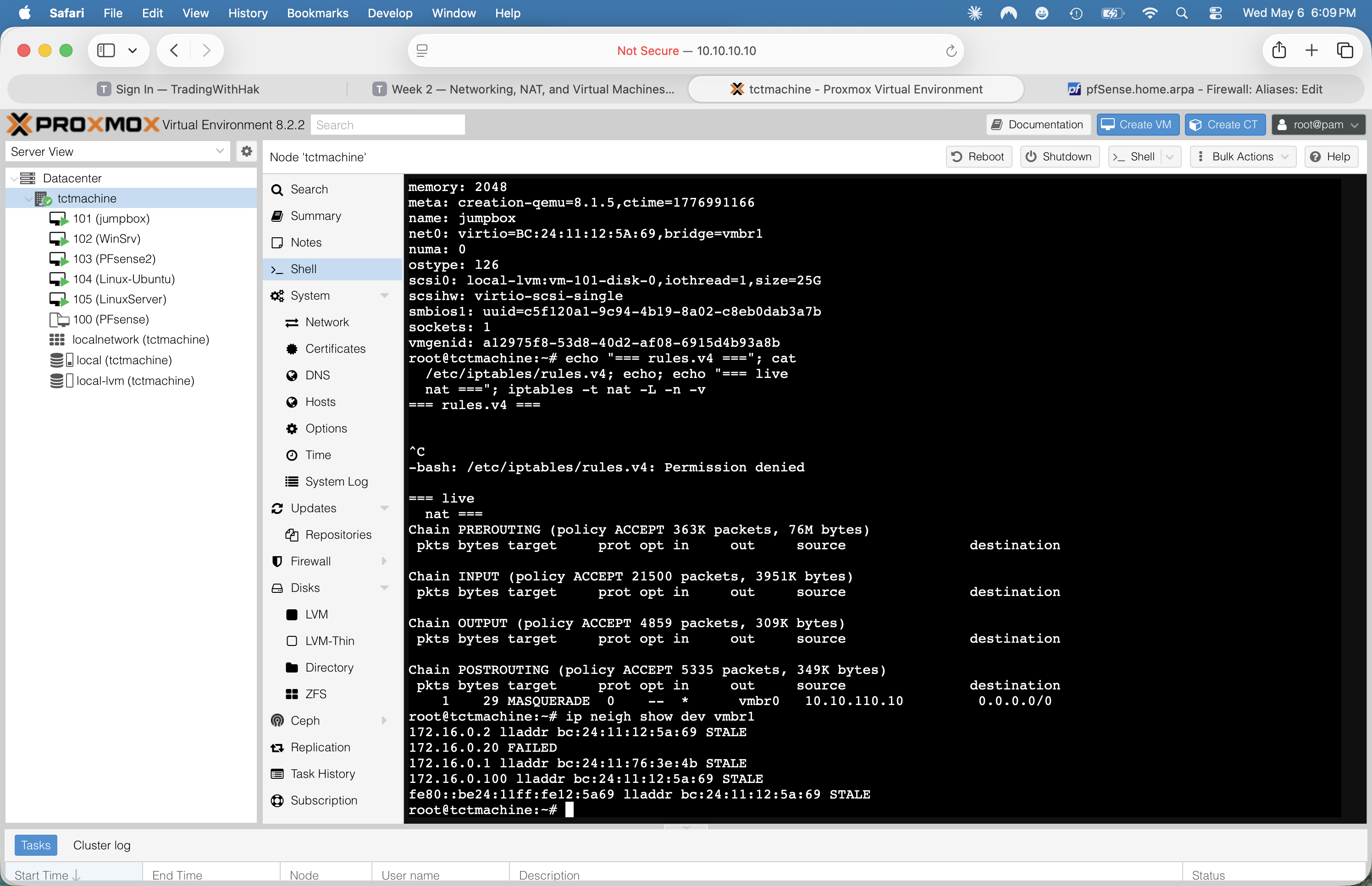 ip neigh show dev vmbr1 output on Proxmox host showing 172.16.0.20 lladdr bc:24:11:76:3e:4b STALE (pfSense2 alias), 172.16.0.1 lladdr bc:24:11:76:3e:4b STALE (pfSense2 DMZ), 172.16.0.100 lladdr bc:24:11:12:5a:69 STALE (jumpbox)