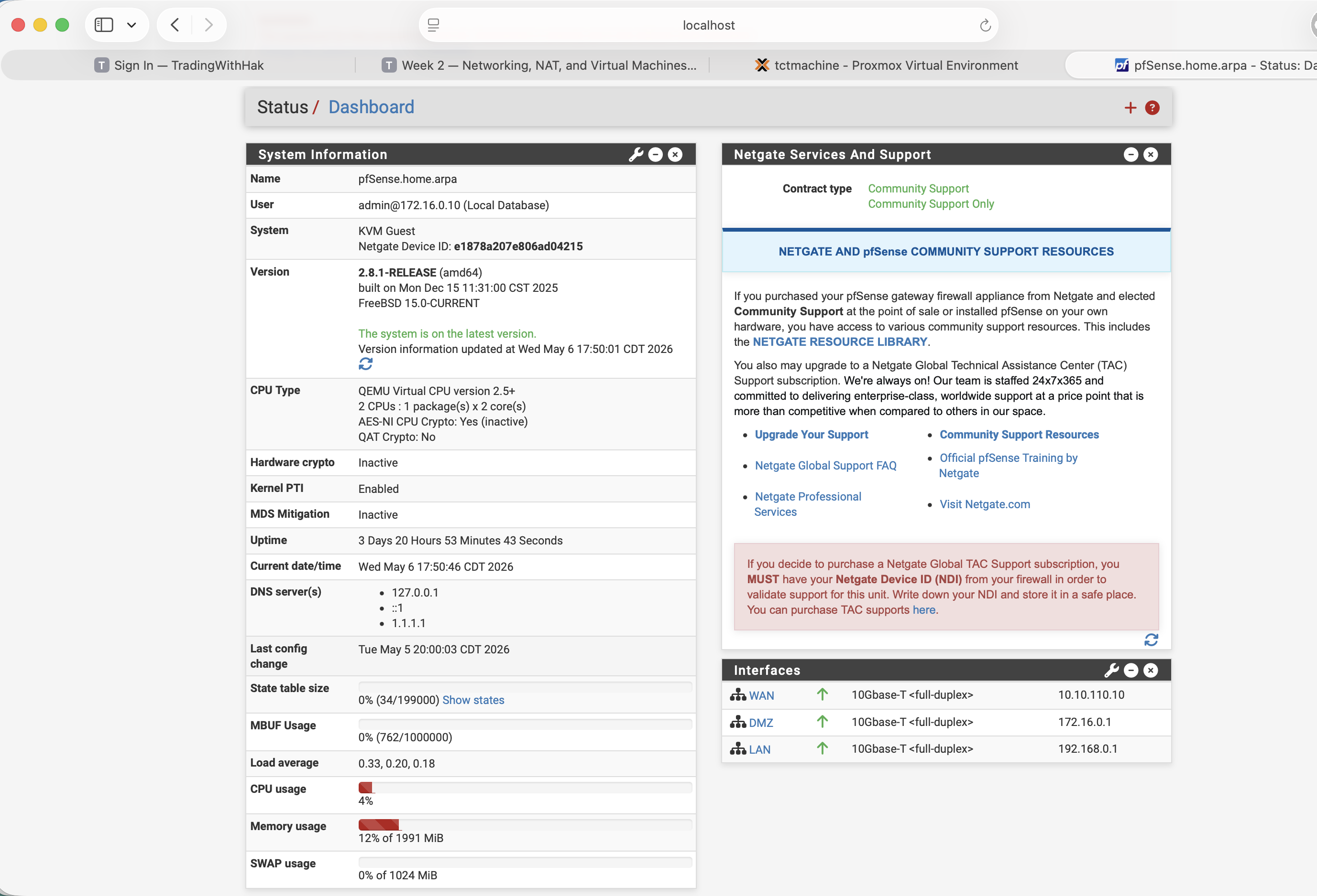 pfSense web UI dashboard showing System Information and Interfaces panel